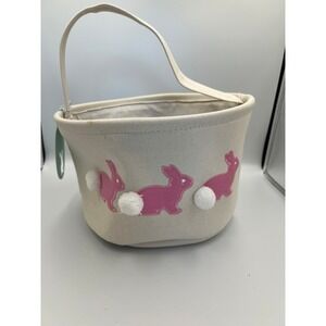 RGI Home Easter Basket Canvas Tote Cream Pink Bunny NWT Pom Poms